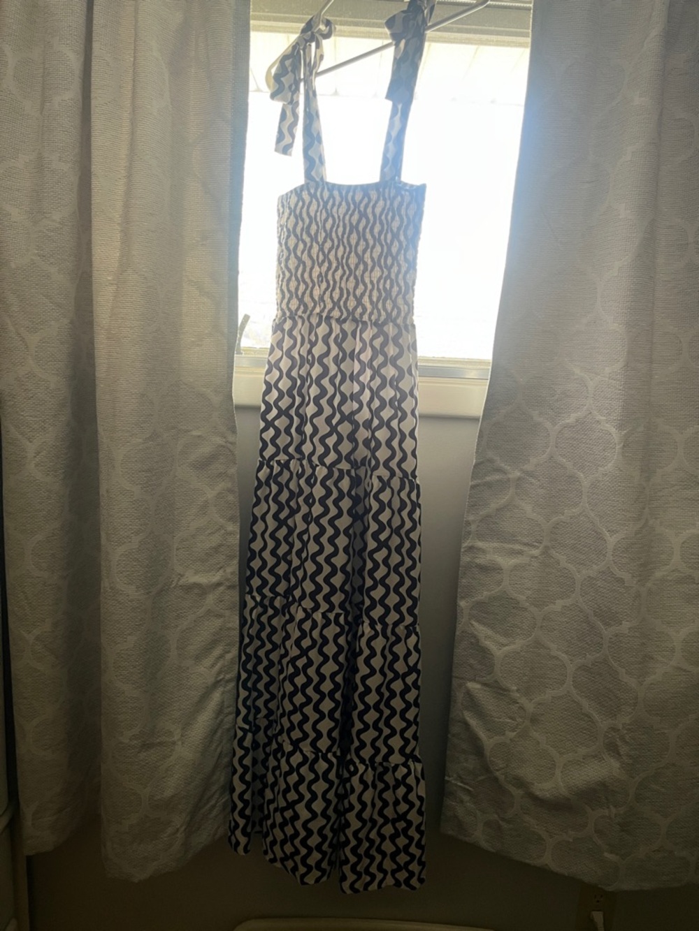 White and Navy Wave-Print Maxi Dress with Tie Straps